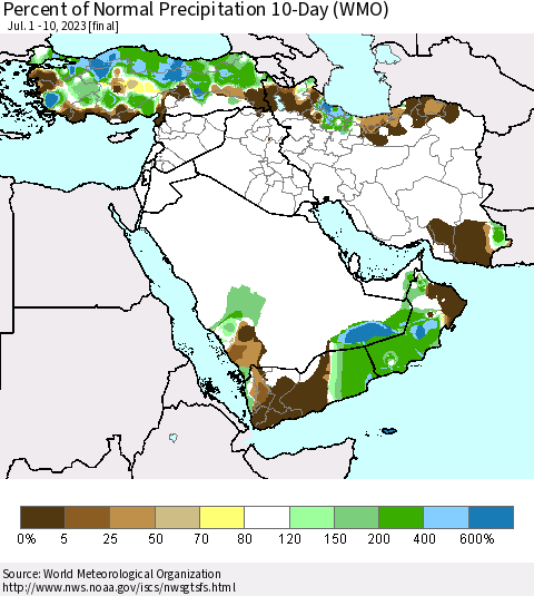 Middle East and Turkey Percent of Normal Precipitation 10-Day (WMO) Thematic Map For 7/1/2023 - 7/10/2023
