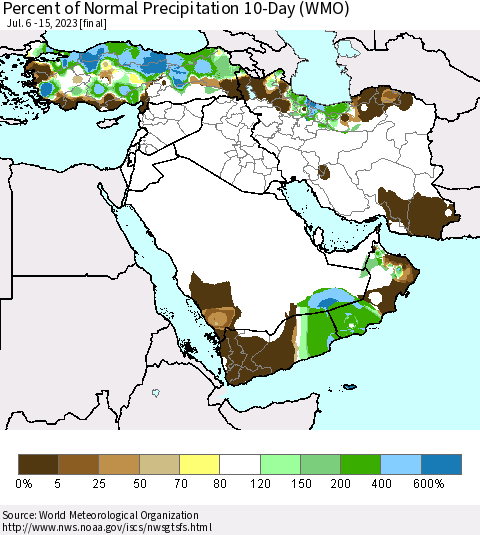 Middle East and Turkey Percent of Normal Precipitation 10-Day (WMO) Thematic Map For 7/6/2023 - 7/15/2023