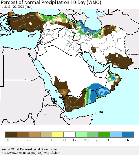 Middle East and Turkey Percent of Normal Precipitation 10-Day (WMO) Thematic Map For 7/11/2023 - 7/20/2023