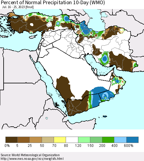 Middle East and Turkey Percent of Normal Precipitation 10-Day (WMO) Thematic Map For 7/16/2023 - 7/25/2023