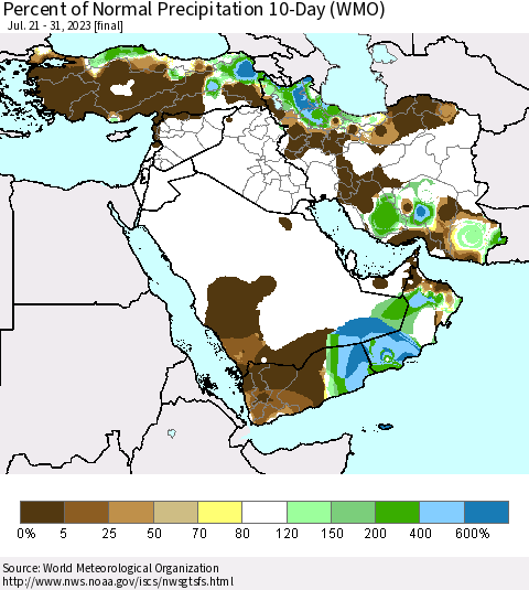 Middle East and Turkey Percent of Normal Precipitation 10-Day (WMO) Thematic Map For 7/21/2023 - 7/31/2023