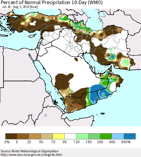 Middle East and Turkey Percent of Normal Precipitation 10-Day (WMO) Thematic Map For 7/26/2023 - 8/5/2023