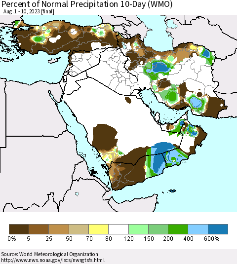 Middle East and Turkey Percent of Normal Precipitation 10-Day (WMO) Thematic Map For 8/1/2023 - 8/10/2023