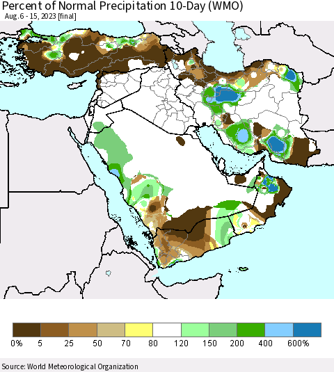 Middle East and Turkey Percent of Normal Precipitation 10-Day (WMO) Thematic Map For 8/6/2023 - 8/15/2023