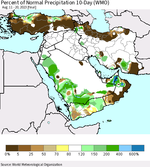 Middle East and Turkey Percent of Normal Precipitation 10-Day (WMO) Thematic Map For 8/11/2023 - 8/20/2023