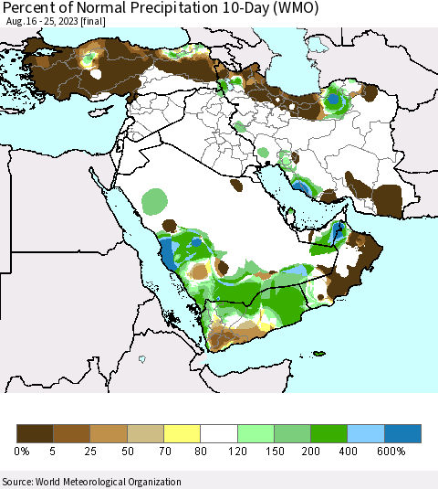 Middle East and Turkey Percent of Normal Precipitation 10-Day (WMO) Thematic Map For 8/16/2023 - 8/25/2023