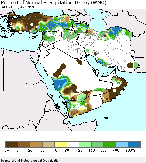 Middle East and Turkey Percent of Normal Precipitation 10-Day (WMO) Thematic Map For 8/21/2023 - 8/31/2023