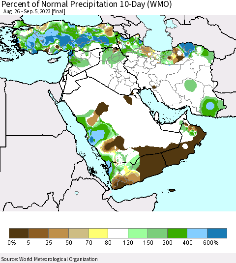 Middle East and Turkey Percent of Normal Precipitation 10-Day (WMO) Thematic Map For 8/26/2023 - 9/5/2023