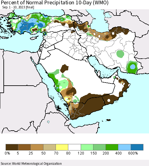 Middle East and Turkey Percent of Normal Precipitation 10-Day (WMO) Thematic Map For 9/1/2023 - 9/10/2023