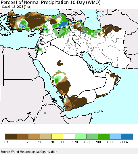 Middle East and Turkey Percent of Normal Precipitation 10-Day (WMO) Thematic Map For 9/6/2023 - 9/15/2023