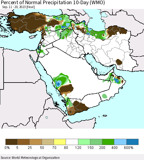 Middle East and Turkey Percent of Normal Precipitation 10-Day (WMO) Thematic Map For 9/11/2023 - 9/20/2023