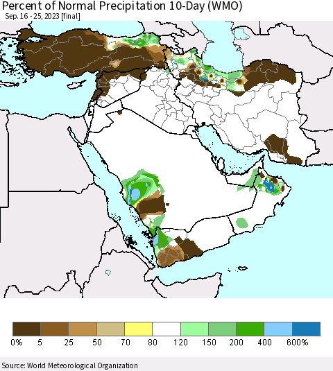 Middle East and Turkey Percent of Normal Precipitation 10-Day (WMO) Thematic Map For 9/16/2023 - 9/25/2023