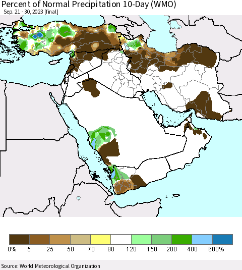 Middle East and Turkey Percent of Normal Precipitation 10-Day (WMO) Thematic Map For 9/21/2023 - 9/30/2023