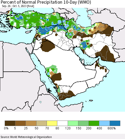 Middle East and Turkey Percent of Normal Precipitation 10-Day (WMO) Thematic Map For 9/26/2023 - 10/5/2023