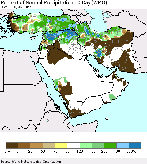 Middle East and Turkey Percent of Normal Precipitation 10-Day (WMO) Thematic Map For 10/1/2023 - 10/10/2023
