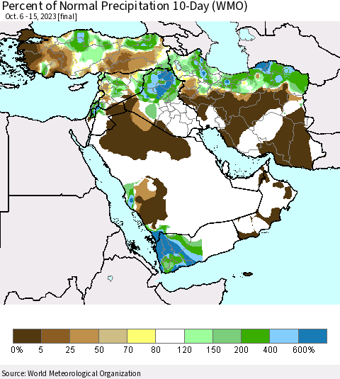 Middle East and Turkey Percent of Normal Precipitation 10-Day (WMO) Thematic Map For 10/6/2023 - 10/15/2023