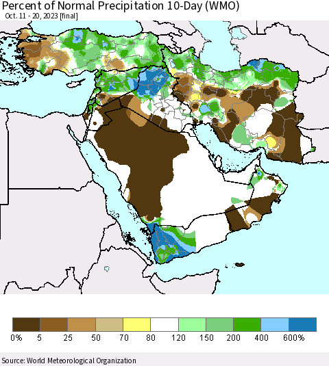 Middle East and Turkey Percent of Normal Precipitation 10-Day (WMO) Thematic Map For 10/11/2023 - 10/20/2023