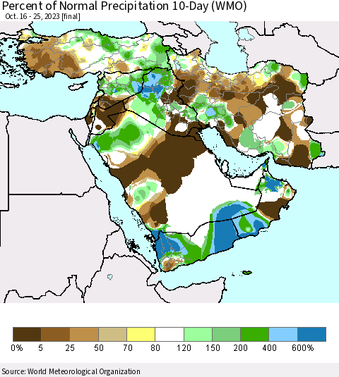 Middle East and Turkey Percent of Normal Precipitation 10-Day (WMO) Thematic Map For 10/16/2023 - 10/25/2023