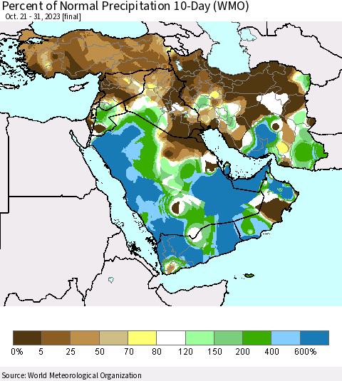 Middle East and Turkey Percent of Normal Precipitation 10-Day (WMO) Thematic Map For 10/21/2023 - 10/31/2023