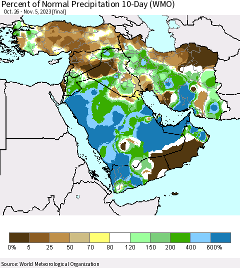 Middle East and Turkey Percent of Normal Precipitation 10-Day (WMO) Thematic Map For 10/26/2023 - 11/5/2023
