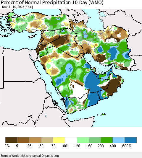 Middle East and Turkey Percent of Normal Precipitation 10-Day (WMO) Thematic Map For 11/1/2023 - 11/10/2023