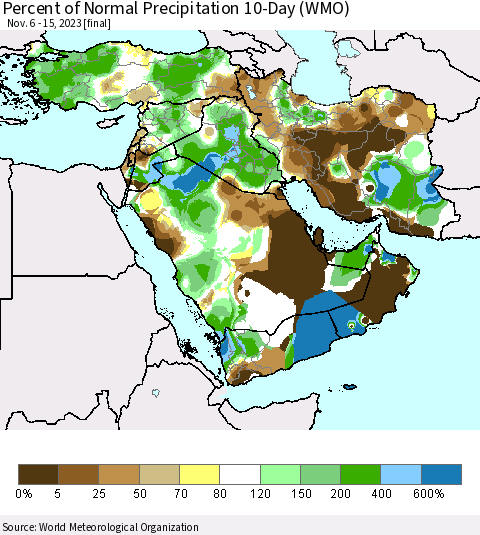 Middle East and Turkey Percent of Normal Precipitation 10-Day (WMO) Thematic Map For 11/6/2023 - 11/15/2023