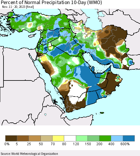 Middle East and Turkey Percent of Normal Precipitation 10-Day (WMO) Thematic Map For 11/11/2023 - 11/20/2023