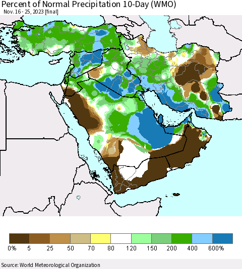 Middle East and Turkey Percent of Normal Precipitation 10-Day (WMO) Thematic Map For 11/16/2023 - 11/25/2023
