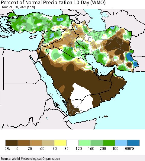 Middle East and Turkey Percent of Normal Precipitation 10-Day (WMO) Thematic Map For 11/21/2023 - 11/30/2023