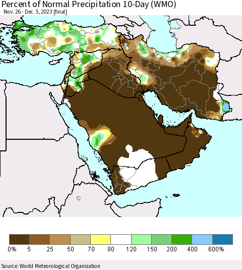 Middle East and Turkey Percent of Normal Precipitation 10-Day (WMO) Thematic Map For 11/26/2023 - 12/5/2023