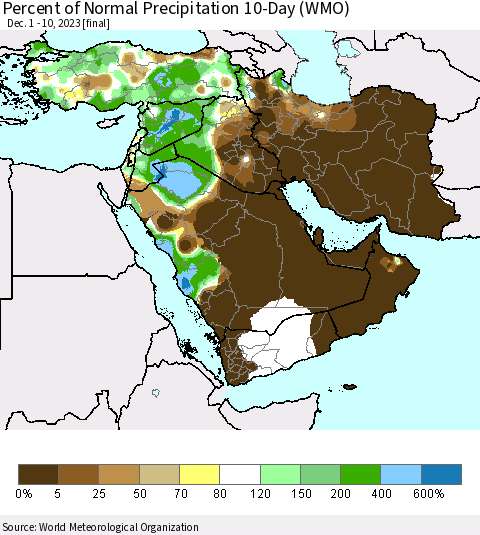 Middle East and Turkey Percent of Normal Precipitation 10-Day (WMO) Thematic Map For 12/1/2023 - 12/10/2023