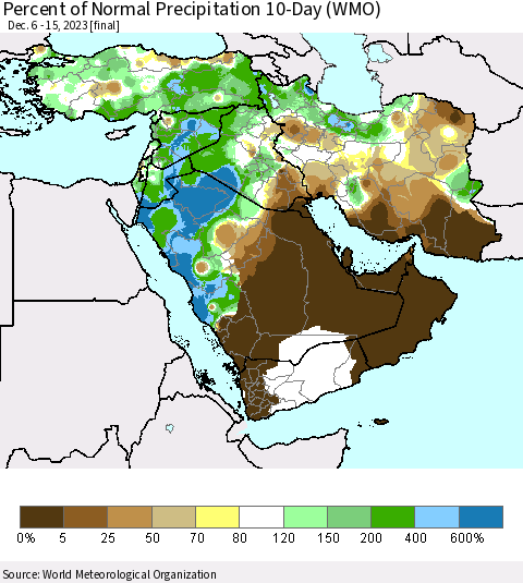 Middle East and Turkey Percent of Normal Precipitation 10-Day (WMO) Thematic Map For 12/6/2023 - 12/15/2023