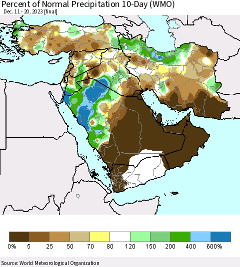 Middle East and Turkey Percent of Normal Precipitation 10-Day (WMO) Thematic Map For 12/11/2023 - 12/20/2023