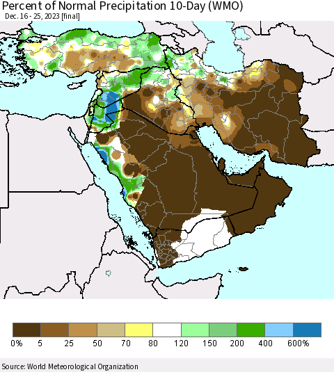 Middle East and Turkey Percent of Normal Precipitation 10-Day (WMO) Thematic Map For 12/16/2023 - 12/25/2023