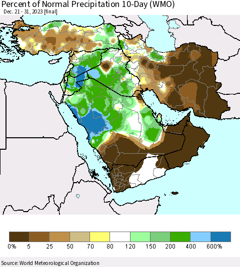 Middle East and Turkey Percent of Normal Precipitation 10-Day (WMO) Thematic Map For 12/21/2023 - 12/31/2023