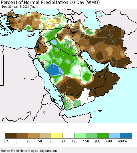 Middle East and Turkey Percent of Normal Precipitation 10-Day (WMO) Thematic Map For 12/26/2023 - 1/5/2024