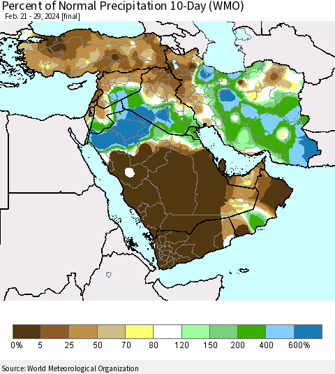 Middle East and Turkey Percent of Normal Precipitation 10-Day (WMO) Thematic Map For 2/21/2024 - 2/29/2024