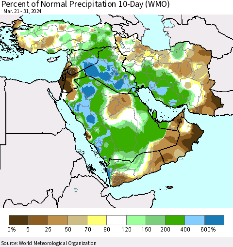 Middle East and Turkey Percent of Normal Precipitation 10-Day (WMO) Thematic Map For 3/21/2024 - 3/31/2024