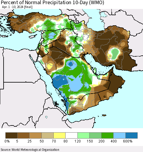Middle East and Turkey Percent of Normal Precipitation 10-Day (WMO) Thematic Map For 4/1/2024 - 4/10/2024