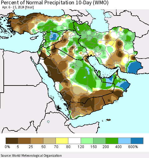 Middle East and Turkey Percent of Normal Precipitation 10-Day (WMO) Thematic Map For 4/6/2024 - 4/15/2024