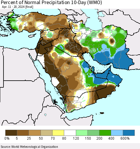 Middle East and Turkey Percent of Normal Precipitation 10-Day (WMO) Thematic Map For 4/11/2024 - 4/20/2024