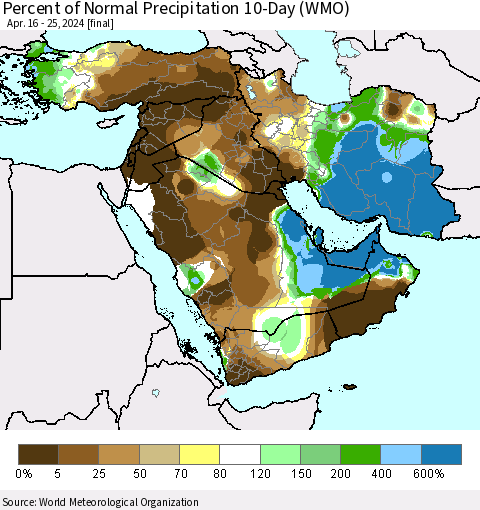 Middle East and Turkey Percent of Normal Precipitation 10-Day (WMO) Thematic Map For 4/16/2024 - 4/25/2024