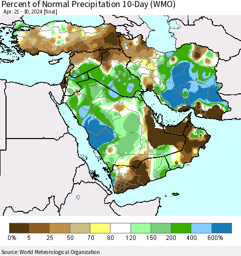 Middle East and Turkey Percent of Normal Precipitation 10-Day (WMO) Thematic Map For 4/21/2024 - 4/30/2024
