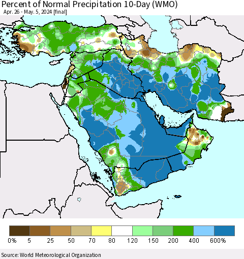 Middle East and Turkey Percent of Normal Precipitation 10-Day (WMO) Thematic Map For 4/26/2024 - 5/5/2024