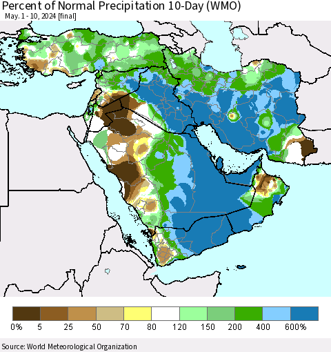 Middle East and Turkey Percent of Normal Precipitation 10-Day (WMO) Thematic Map For 5/1/2024 - 5/10/2024