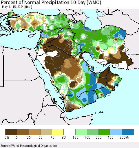 Middle East and Turkey Percent of Normal Precipitation 10-Day (WMO) Thematic Map For 5/6/2024 - 5/15/2024