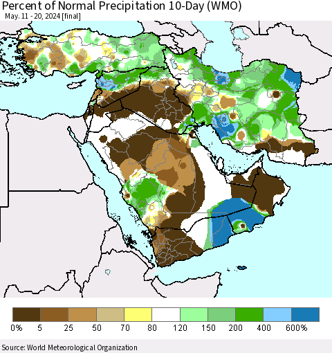 Middle East and Turkey Percent of Normal Precipitation 10-Day (WMO) Thematic Map For 5/11/2024 - 5/20/2024