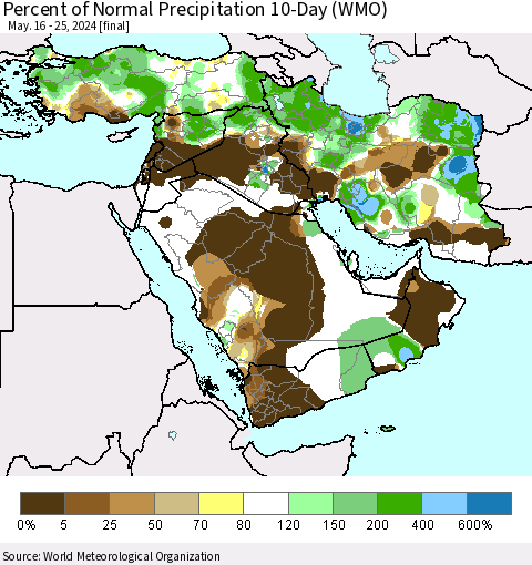 Middle East and Turkey Percent of Normal Precipitation 10-Day (WMO) Thematic Map For 5/16/2024 - 5/25/2024