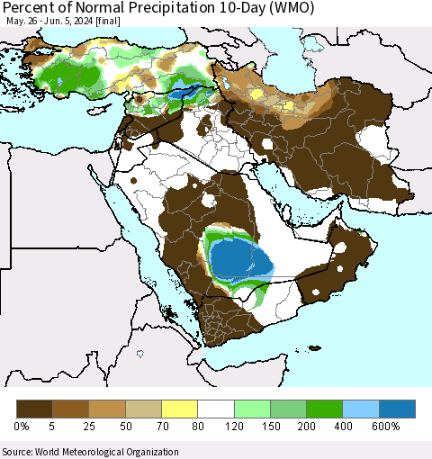 Middle East and Turkey Percent of Normal Precipitation 10-Day (WMO) Thematic Map For 5/26/2024 - 6/5/2024