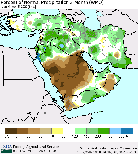 Middle East and Turkey Percent of Normal Precipitation 3-Month (WMO) Thematic Map For 1/6/2020 - 4/5/2020